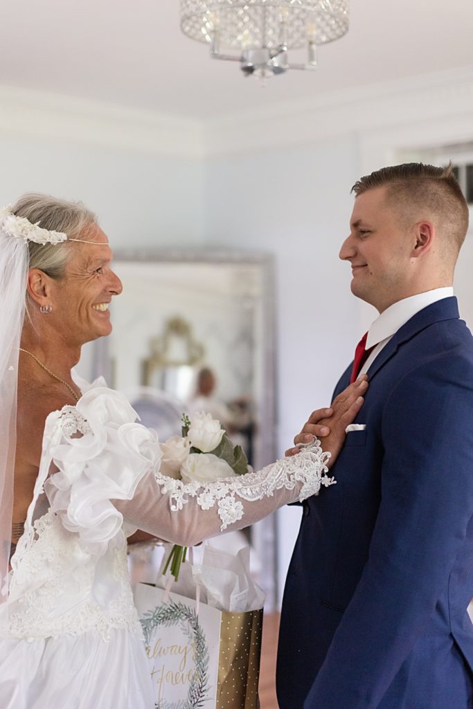 Dad in wedding dress pranking son on his wedding day