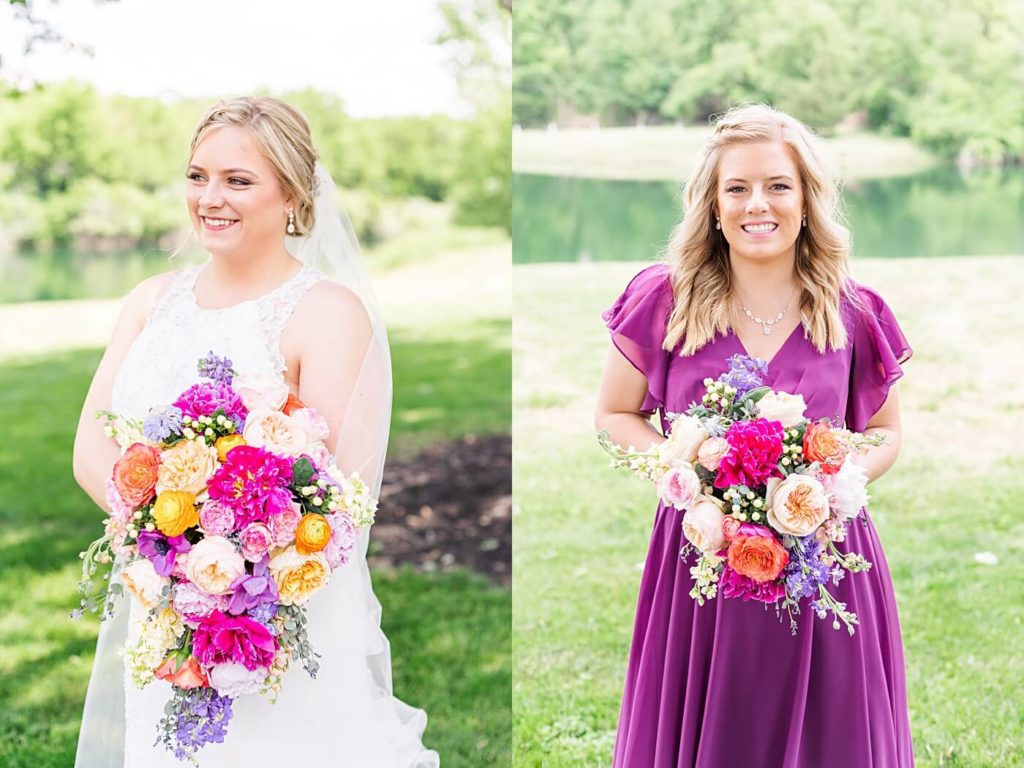 Bride and Bridesmaid hold bouquet