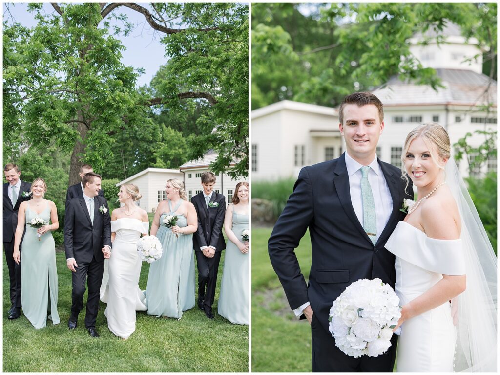 left picture is wedding party walking and right picture if bride and groom looking at the camera