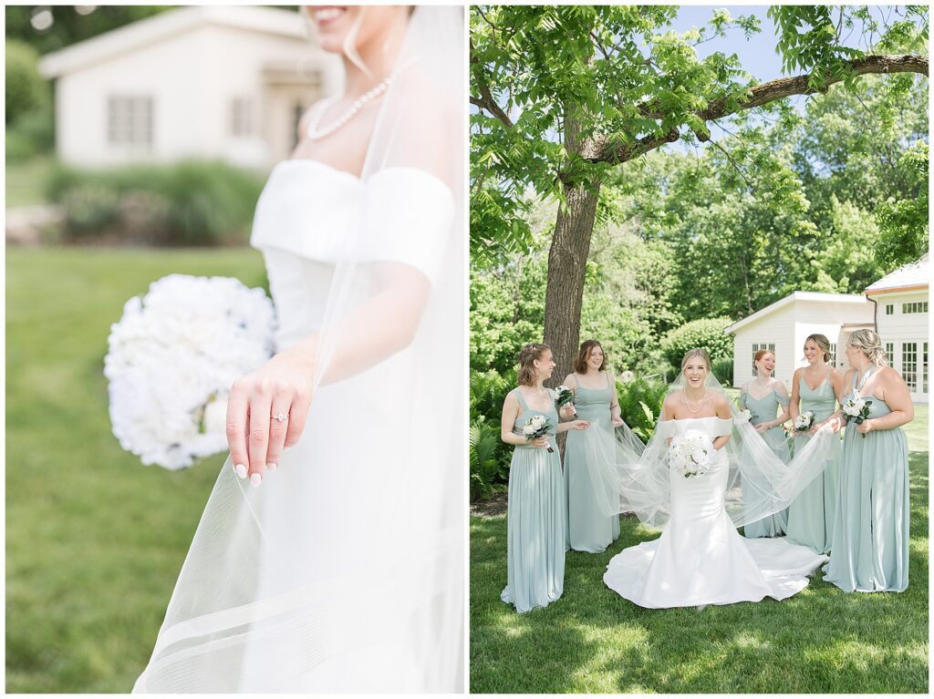 The bride's ring is on the left, and the bridesmaids are holding the brides veil while she smiles at the camera