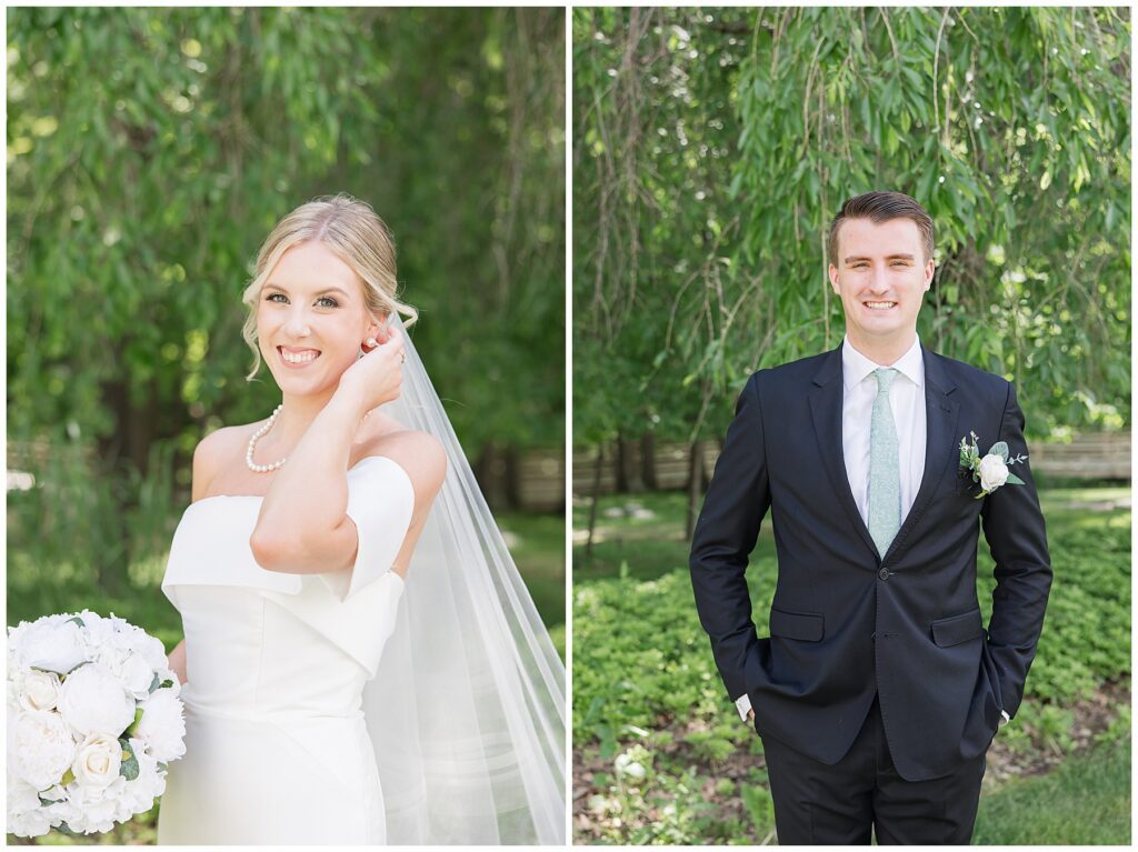 portraits of bride and groom at Dempsey event center