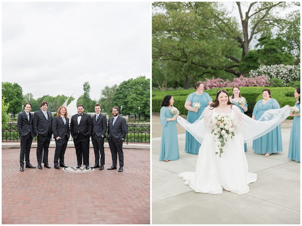 Groom and groomsmen smiling. Bride with her bridesmaids adjusting her wedding veil.