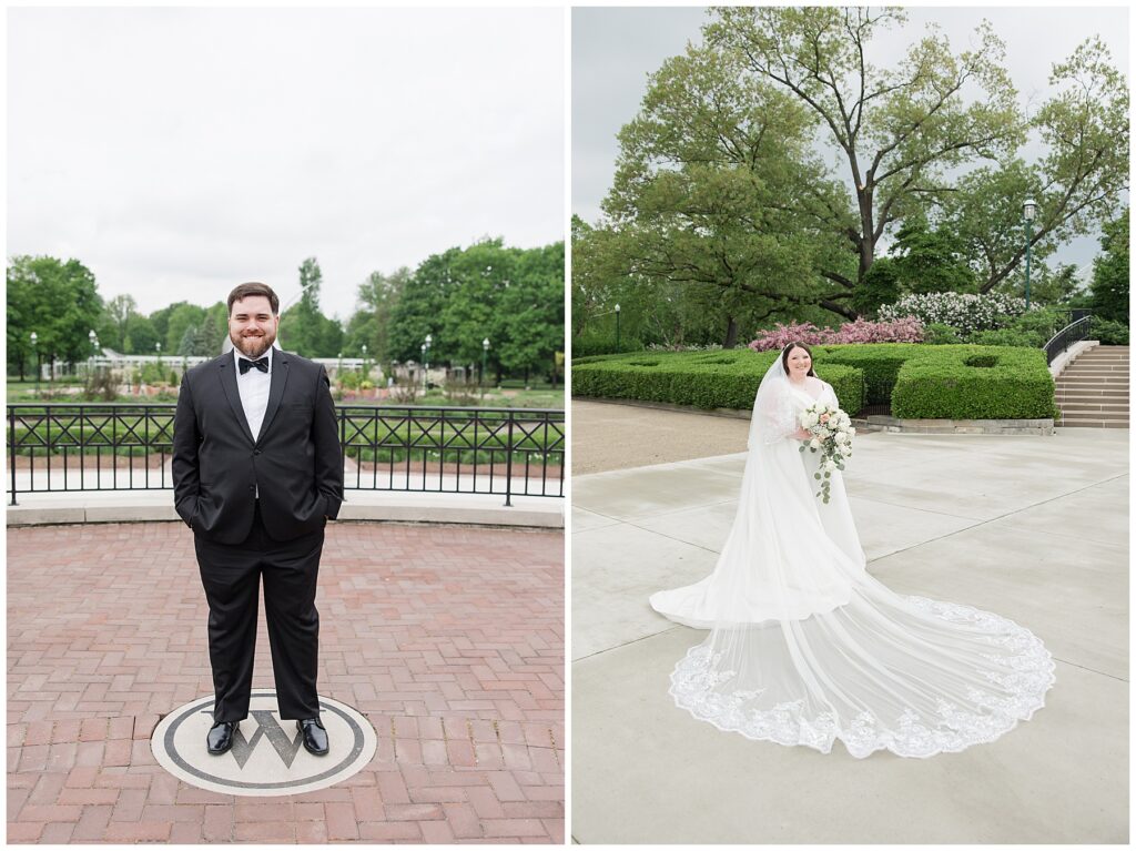 Portrait of groom with hands in his pockets and a portrait of a Bride holding her bouquet.